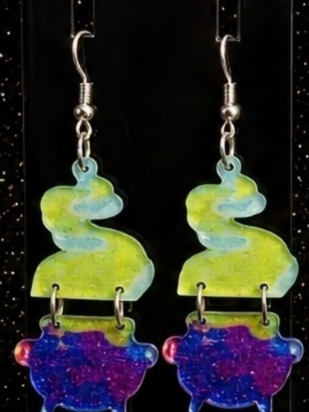 Green and Purple Cauldron Dangle Earrings - Handmade